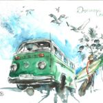 Un aquarelle où fuse l’encre de chine pour évoquer surfeurs et combis sur biarritz