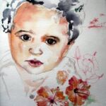 Portrait sur commande d'après photo. Tableau à l'aquarelle et feutres sur papier. Composition par Sylvie Forestier