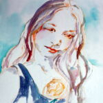 Portrait sur commande d'après photo. Tableau à l'aquarelle et feutres sur papier. Composition par Sylvie Forestier