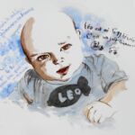 Portrait sur commande d'après photo. Tableau à l'aquarelle et feutres sur papier. Composition par Sylvie Forestier