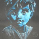 Portrait sur commande d'après photo. Tableau à la gouache sur papier noir. Composition par Sylvie Forestier