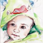 Portrait sur commande d'après photo. Tableau à l'aquarelle et crayon sur papier. Composition par Sylvie Forestier