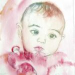 Portrait sur commande d'après photo. Tableau à l'aquarelle et feutres sur papier. Composition par Sylvie Forestier