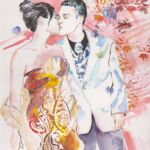 Portrait sur commande d'après photo. Tableau à l'aquarelle et feutres sur papier. Composition par Sylvie Forestier