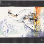 Une composition sur les surfeurs des côtes de mon cher sud ouest… J’aime sa légéreté et l’évocation discrète du rocher de la Vierge à Biarritz.Aquarelle de Sylvie forestier