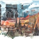 Les deux flèches de la cathédrale de Bayonne, facilement identifiables, ses toits du XV ème siècle et le charme de ses lumières… Une aquarelle avec un ciel de nuit joyeusement inventé.