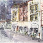 Il s'agit d'une des plus anciennes maisons de Bayonne. Magnifiquement restaurée, elle domine de son élégante silhouette les bords de Nive et les Halles. J'ai peint à l'aquarelle cette bâtisse du XV ème siècle sur un vieux plan de la cité. C'est une œuvre réalisée sur le vif.